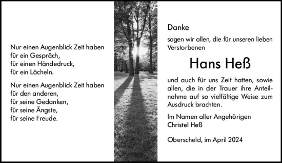 Traueranzeige von Hans Heß von Dill Block