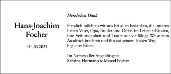 Traueranzeige von Hans-Joachim Focher von Darmstädter Echo