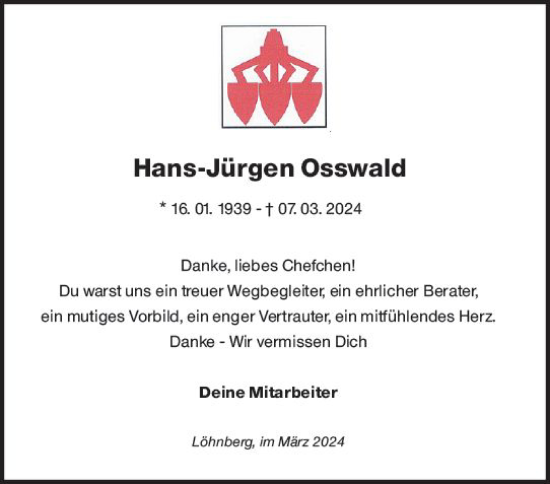 Traueranzeige von Hans-Jürgen Osswald von Weilburger Tageblatt