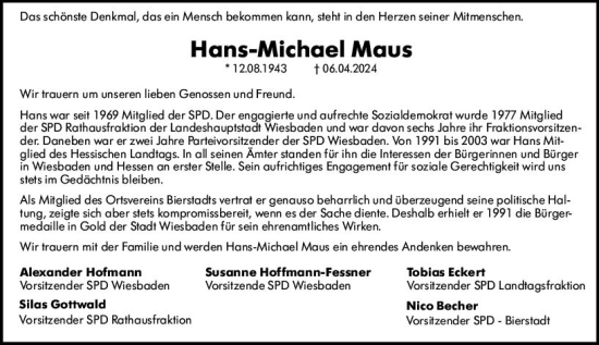 Traueranzeige von Hans-Michael Maus von Wiesbadener Kurier