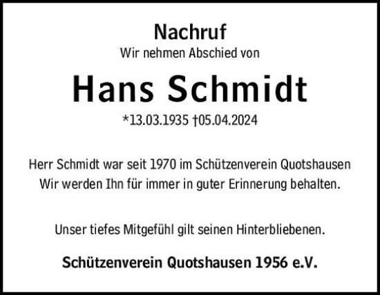 Traueranzeige von Hans Schmidt von Hinterländer Anzeiger