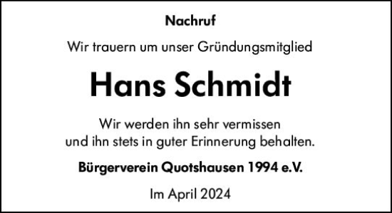 Traueranzeige von Hans Schmidt von Hinterländer Anzeiger