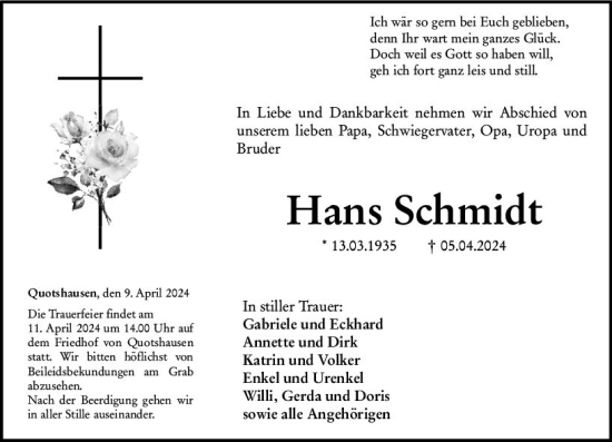 Traueranzeige von Hans Schmidt von Hinterländer Anzeiger