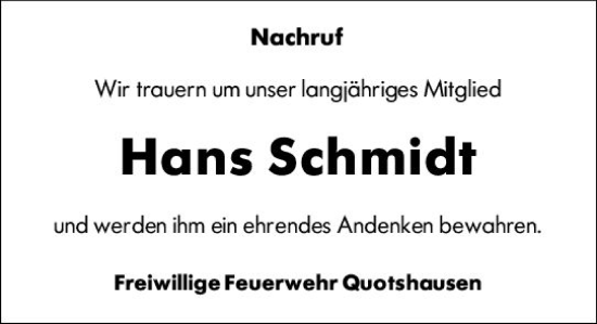 Traueranzeige von Hans Schmidt von Hinterländer Anzeiger
