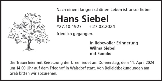 Traueranzeige von Hans Siebel von Camberger Anzeiger