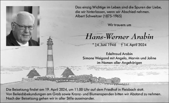 Traueranzeige von Hans-Werner Arabin von Dill Block