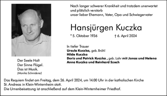 Traueranzeige von Hansjörgen Kuczka von Allgemeine Zeitung Mainz