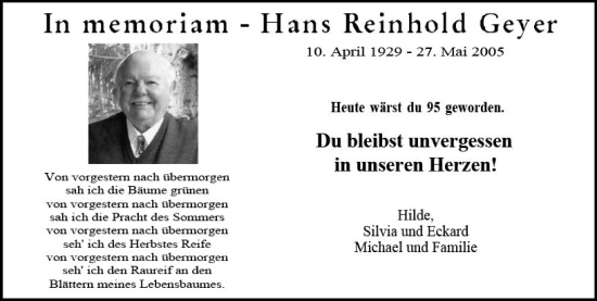 Traueranzeige von Hans Reinhold Geyer von Allgemeine Zeitung Mainz