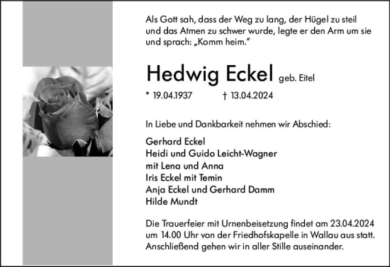 Traueranzeige von Hedwig Eckel von Hinterländer Anzeiger