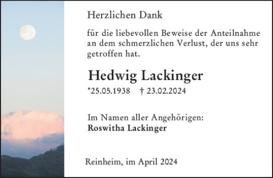 Traueranzeige von Hedwig Lackinger von Darmstädter Echo