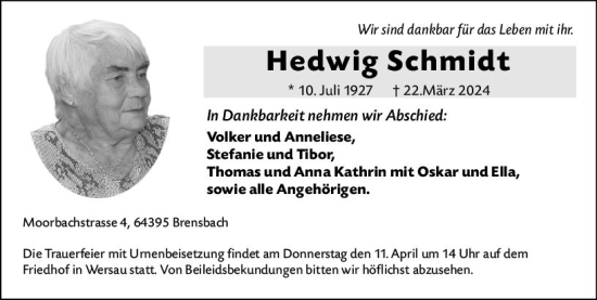 Traueranzeige von Hedwig Schmidt von Odenwälder Echo