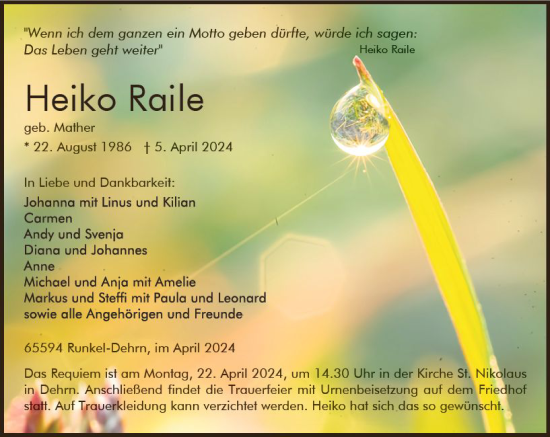 Traueranzeige von Heiko Raile von Nassauische Neue Presse