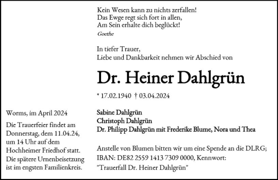 Traueranzeige von Heiner Dahlgrün von Wormser Zeitung