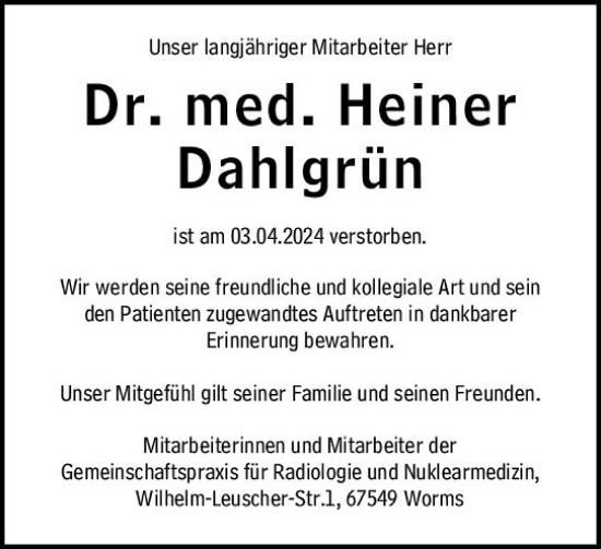 Traueranzeige von Heiner Dahlgrün von Wormser Zeitung