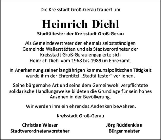 Traueranzeige von Heinrich Diehl von Groß-Gerauer Echo