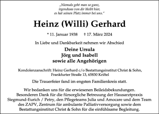 Traueranzeige von Heinz Gerhard von Wiesbadener Kurier