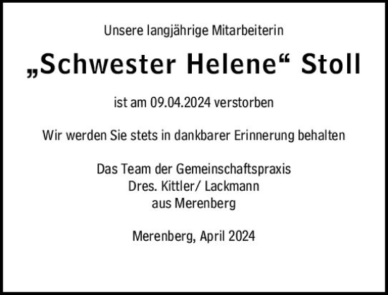 Traueranzeige von Helene Stoll von Weilburger Tageblatt