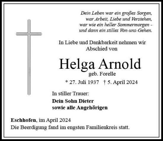 Traueranzeige von Helga Arnold von Nassauische Neue Presse