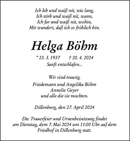 Traueranzeige von Helga Böhm von Dill Block