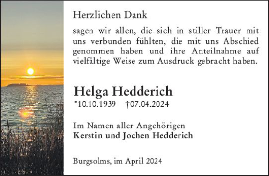 Traueranzeige von Helga Hedderich von Wetzlarer Neue Zeitung