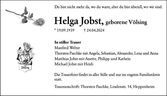 Traueranzeige von Helga Jobst von Starkenburger Echo