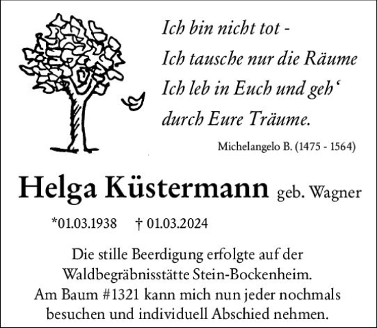 Traueranzeige von Helga  Küstermann von Allgemeine Zeitung Alzey
