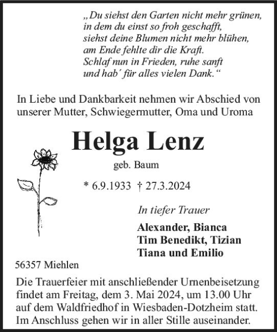 Traueranzeige von Helga Lenz von Wiesbadener Kurier