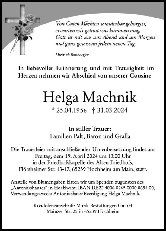Traueranzeige von Helga Machnik von Hochheimer Zeitung