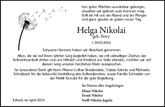 Traueranzeige von Helga Nikolai von Wiesbadener Kurier
