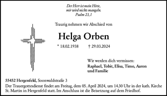 Traueranzeige von Helga Orben von Allgemeine Zeitung Bad Kreuznach