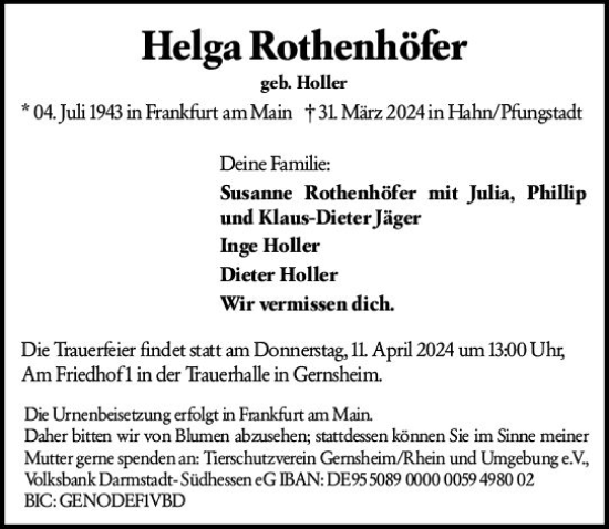 Traueranzeige von Helga Rothenhöfer von Groß-Gerauer Echo