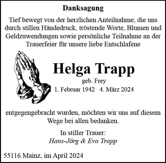 Traueranzeige von Helga Trapp von Allgemeine Zeitung Mainz