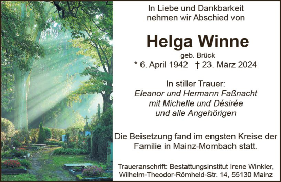 Traueranzeige von Helga Winne von Allgemeine Zeitung Mainz