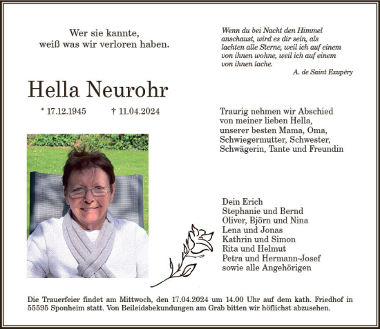 Traueranzeige von Hella Neurohr von Allgemeine Zeitung Bad Kreuznach