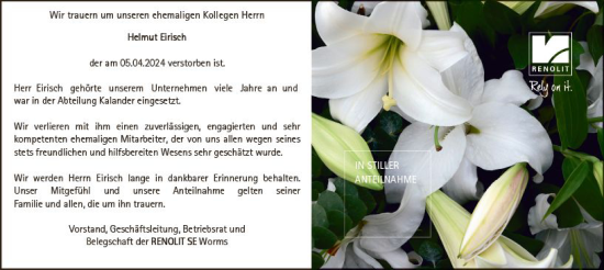 Traueranzeige von Helmut Eirisch von Wormser Zeitung