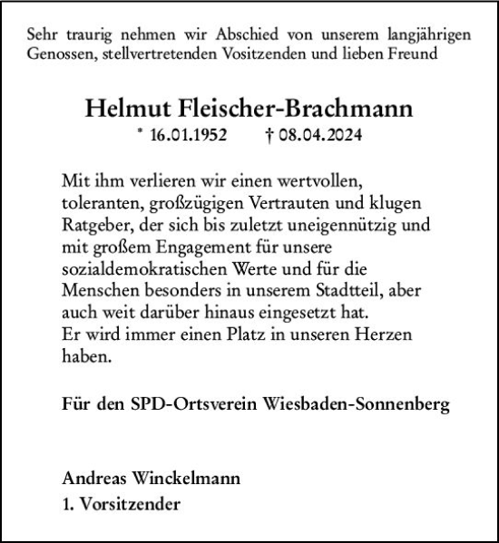 Traueranzeige von Helmut Fleischer-Brachmann von Wiesbadener Kurier