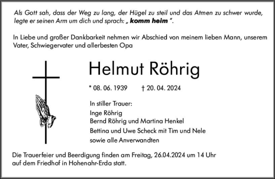 Traueranzeige von Helmut Röhrig von Wetzlarer Neue Zeitung