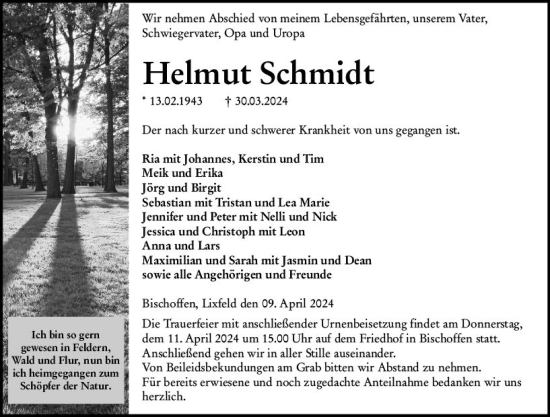 Traueranzeige von Helmut Schmidt von Hinterländer Anzeiger