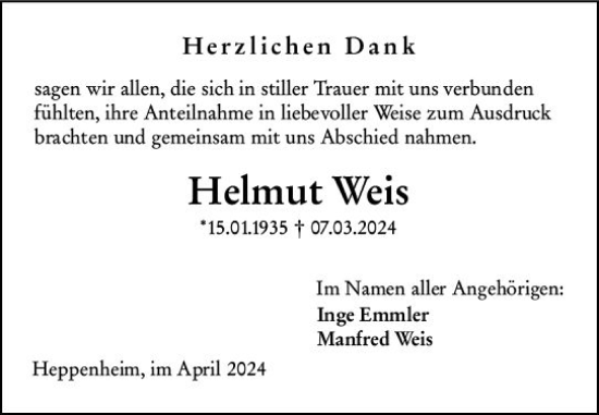 Traueranzeige von Helmut Weis von Starkenburger Echo