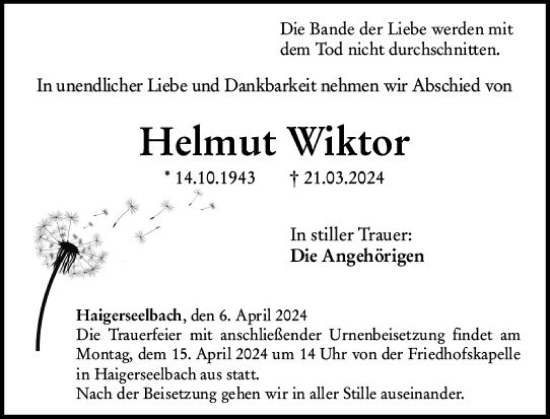 Traueranzeige von Helmut Wiktor von Dill Block