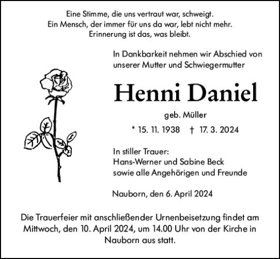 Traueranzeige von Henni Daniel von Wetzlarer Neue Zeitung