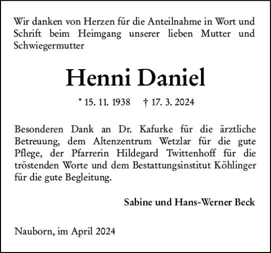 Traueranzeige von Henni Daniel von Wetzlarer Neue Zeitung