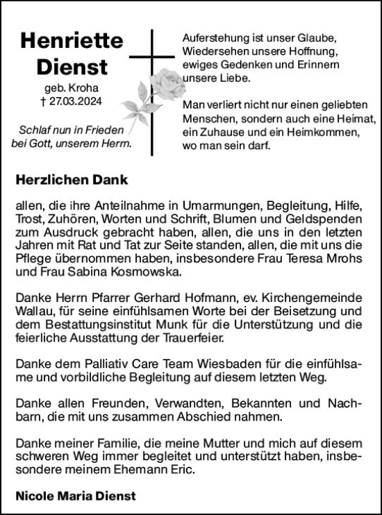 Traueranzeige von Henriette Dienst von Hochheimer Zeitung