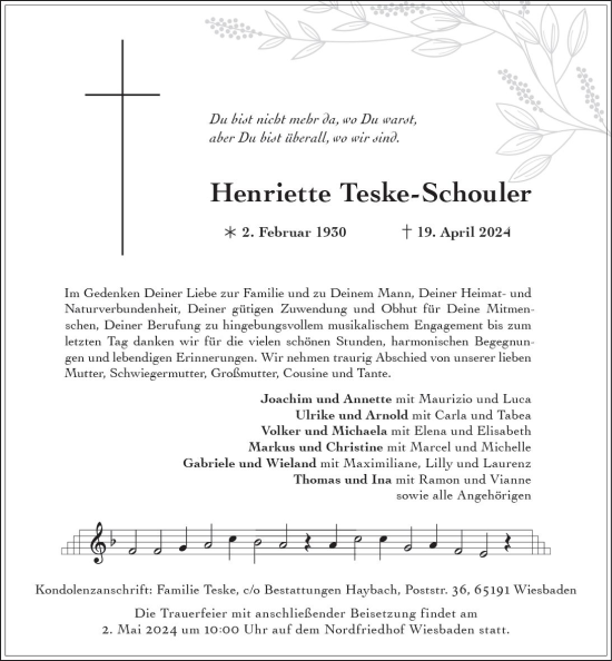 Traueranzeige von Henriette Teske-Schouler von Wiesbadener Kurier