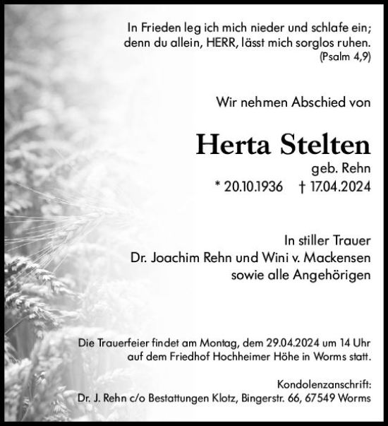 Traueranzeige von Herta Stelten von Starkenburger Echo