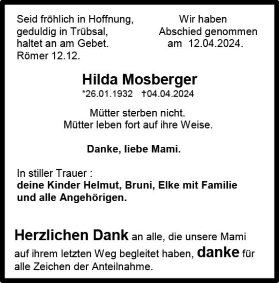 Traueranzeige von Hilda Mosberger von Wetzlarer Neue Zeitung
