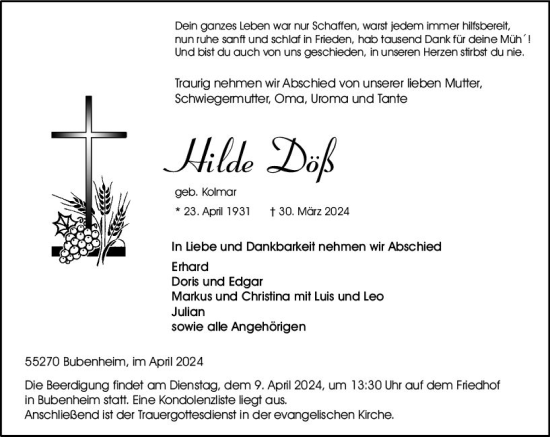 Traueranzeige von Hilde Döß von Allgemeine Zeitung Bingen/Ingelheim