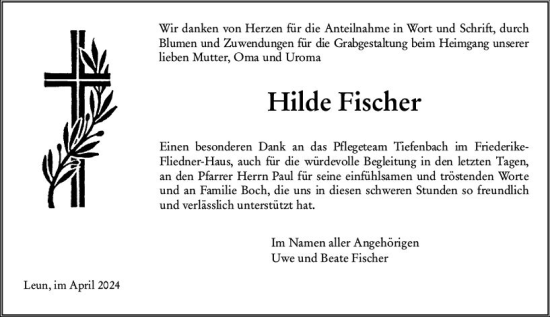 Traueranzeige von Hilde Fischer von Wetzlarer Neue Zeitung