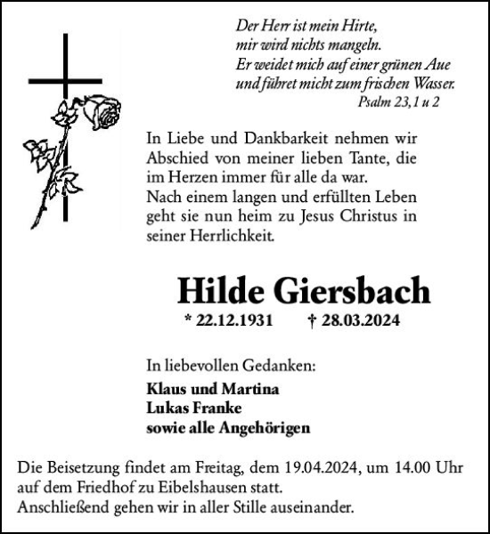 Traueranzeige von Hilde Giersbach von Dill Block