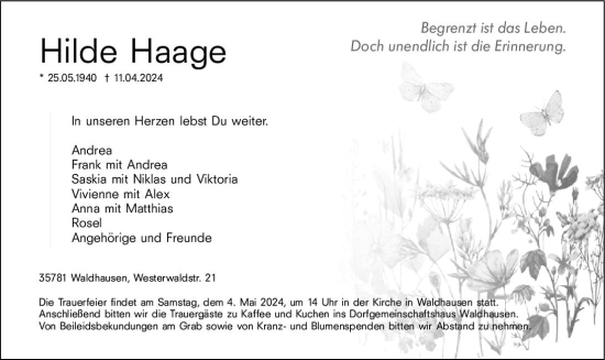 Traueranzeige von Hilde Haage von Weilburger Tageblatt